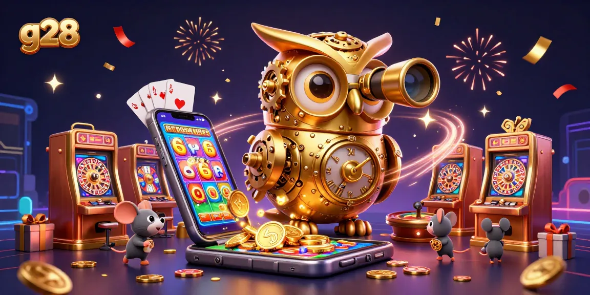 Engage with g28 casino excitement featuring a clockwork owl and vibrant gaming elements.
