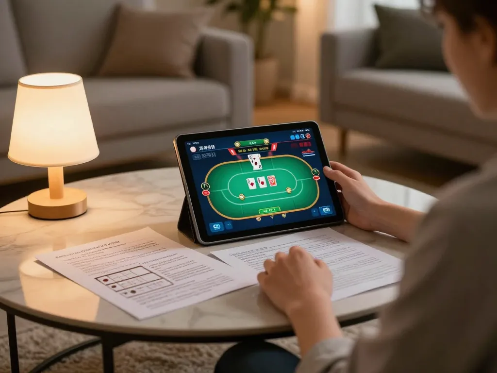 A player enjoying 58wiin online poker on a tablet, with gaming strategies and cozy home decor in focus.