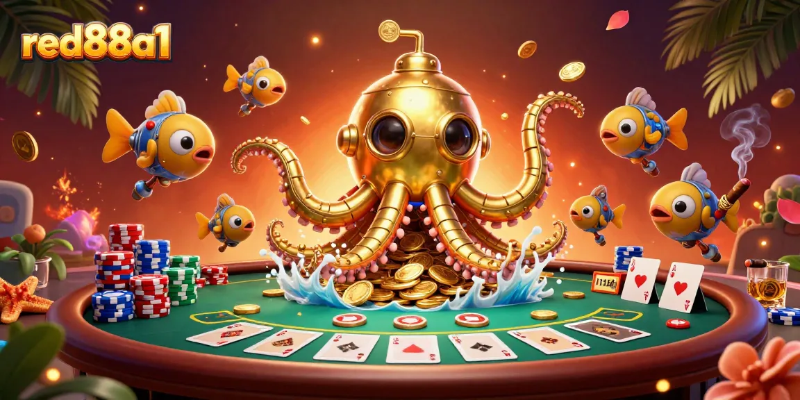 Experience excitement with red88a1, showcasing a golden kraken submarine amidst poker riches
