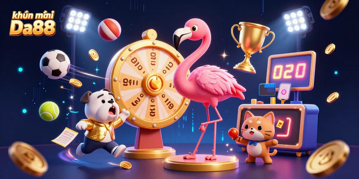 Engage with khuyến mãi Da88 in this vibrant casino scene featuring a game show host and dynamic sports action.