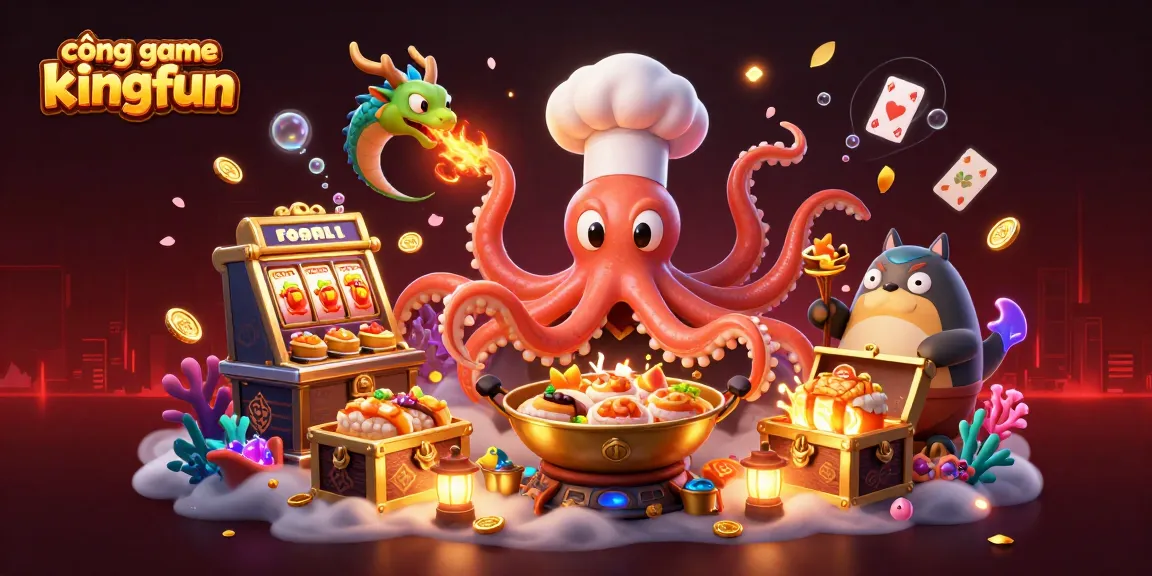Engage in the thrilling world of cổng game kingfun with dynamic 3D characters and vibrant slot machine elements.