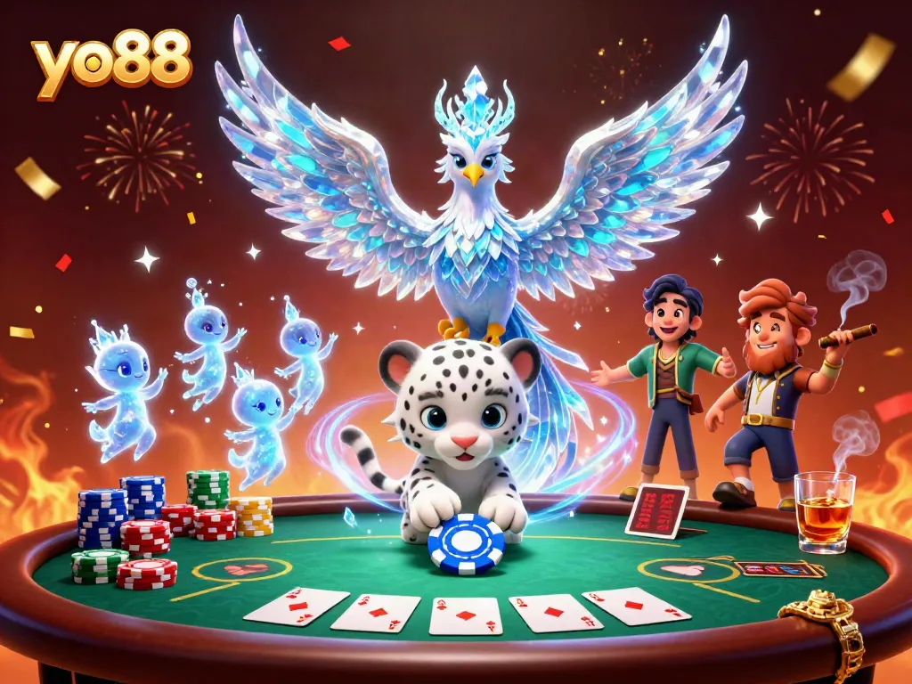 Engage in thrilling gameplay at yo88 with a fantastic 3D illustration of an ice phoenix and poker elements.