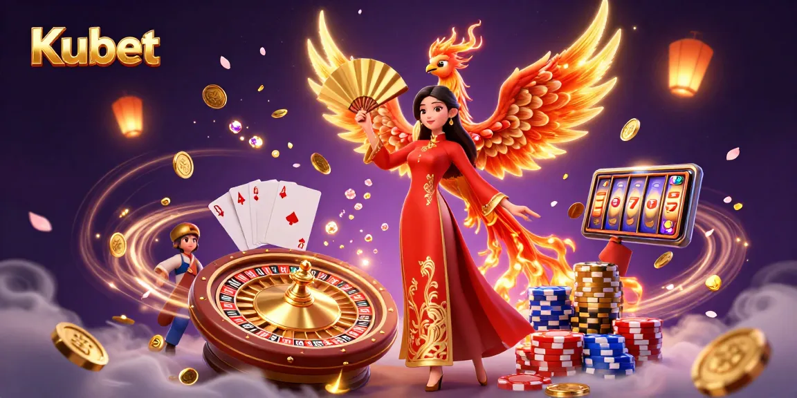 Kubet's vibrant online casino scene shows a captivating woman in traditional dress, stacked poker chips, and golden coins.
