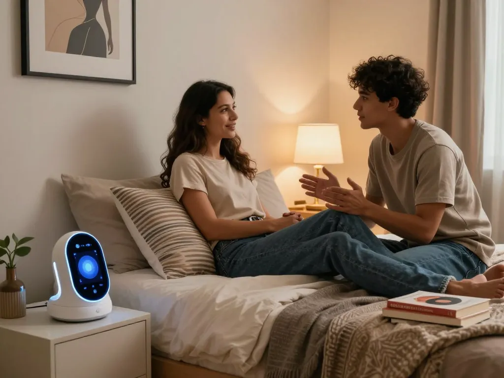 Couple discussing ai sex technology in a cozy, modern bedroom setting.