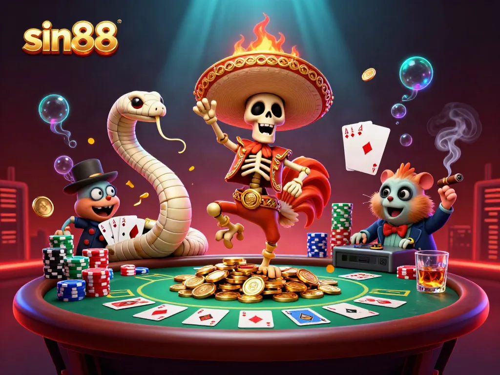 Experience the vibrant world of sin88 with a lively dance of characters amidst a casino scene, celebrating winnings and excitement.