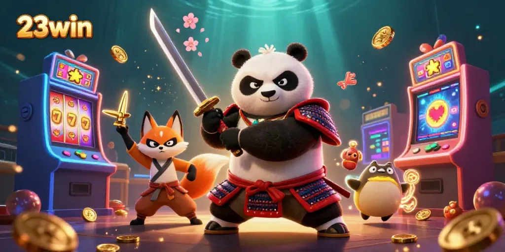 Experience the excitement at 23win with a vibrant 3D casino-themed illustration full of action and adventure.
