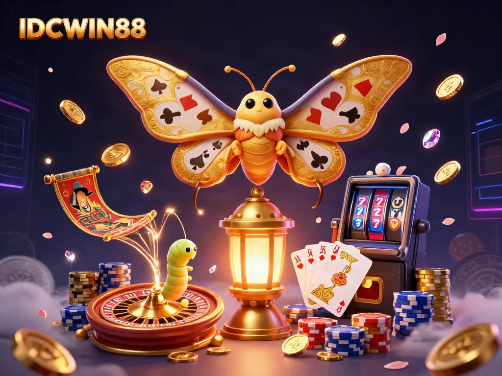 Play thrilling casino games with IDCWIN88 featuring gold coins and vibrant casino elements.