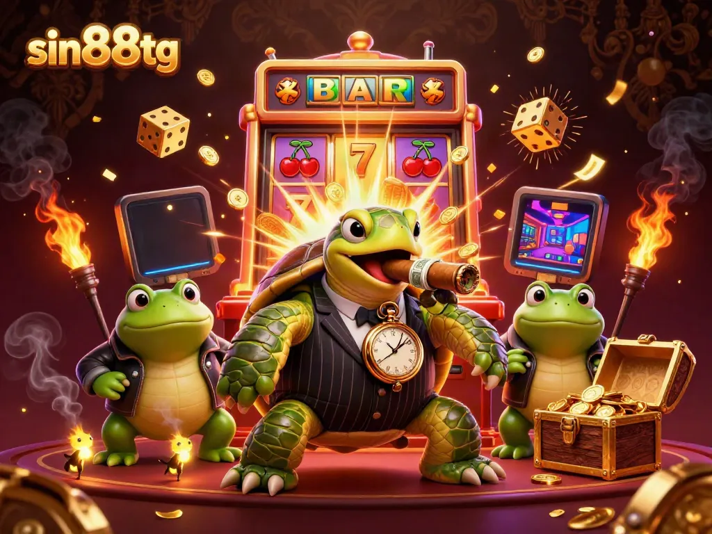 Spin and win big with sin88tg at an exciting online casino featuring a snapping turtle mobster and vibrant game elements.