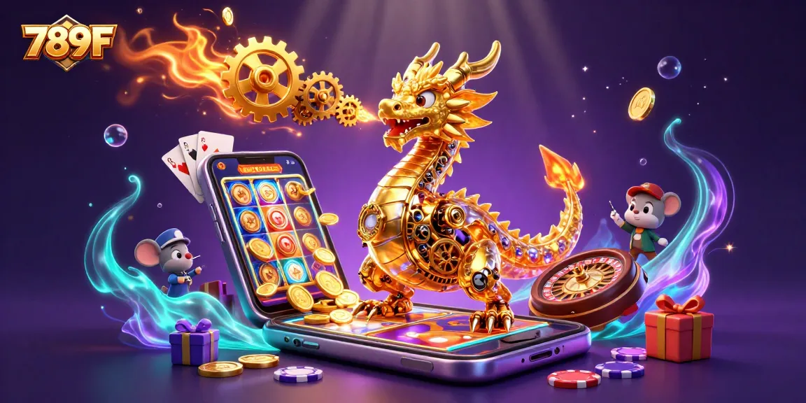 Experience the excitement of 789F with a vibrant casino-themed illustration, showcasing a dynamic dragon surrounded by rich gaming elements.