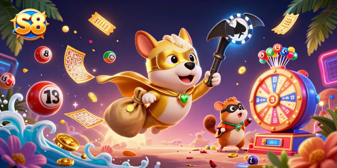 S8 redefines gaming excitement with a thrilling 3D illustration featuring a superhero dog and hamster amidst colorful lottery elements.