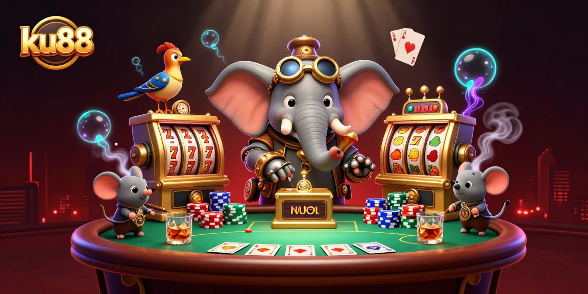 ku88 showcases a playful steampunk elephant operating a golden slot machine in a vibrant casino scene