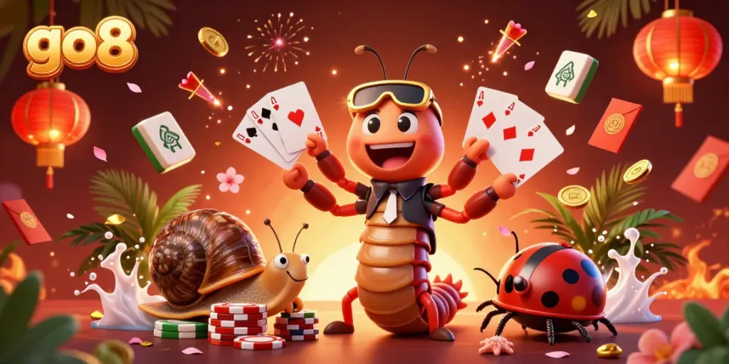 Engage with the vibrant world of go8 as the millipede dealer displays cards and snails push chips in a lively casino scene.