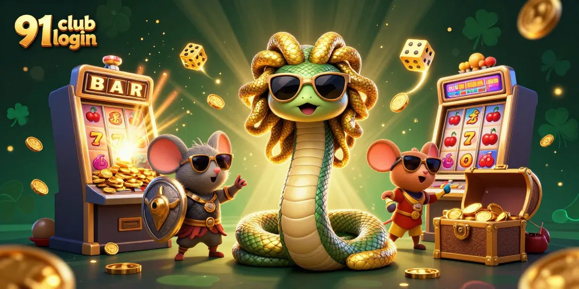 Engage with exciting 91 club login features in a vibrant casino scene filled with Medusa and a warrior mouse.