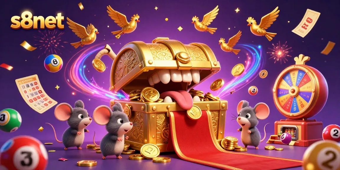 Join the excitement at s8net with a cartoon treasure chest inviting adventurer mice amidst lottery fun.