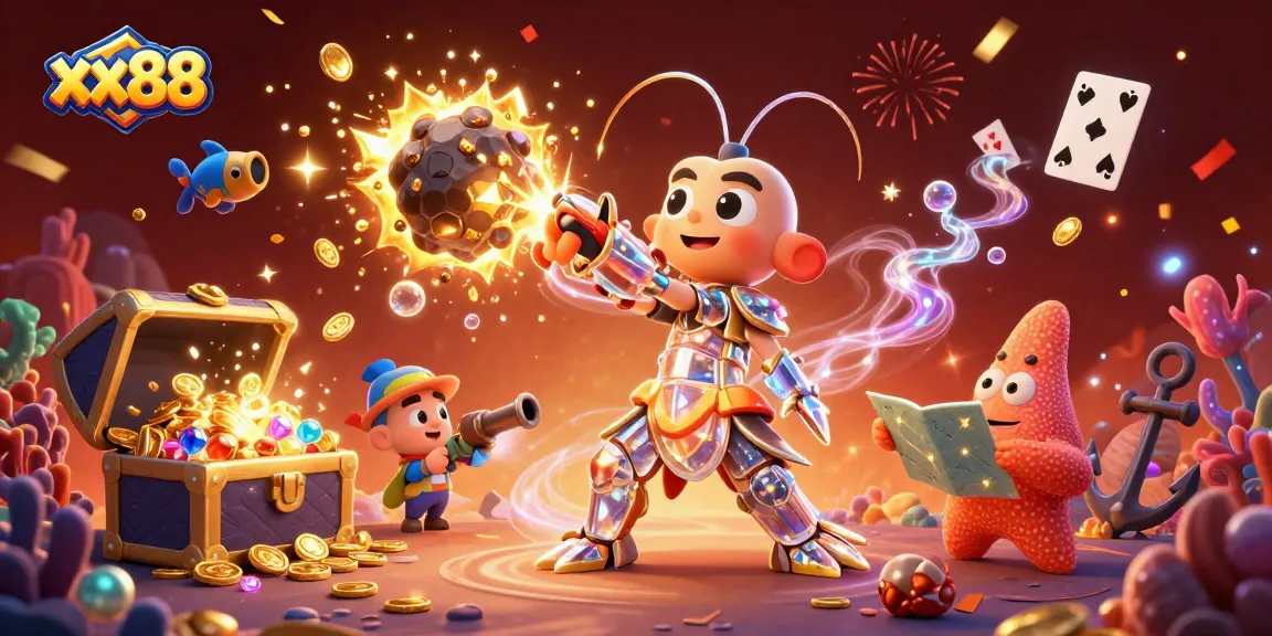 Experience thrilling jackpots with xx88 featuring a galactic samurai mantis shrimp amidst shimmering treasures.