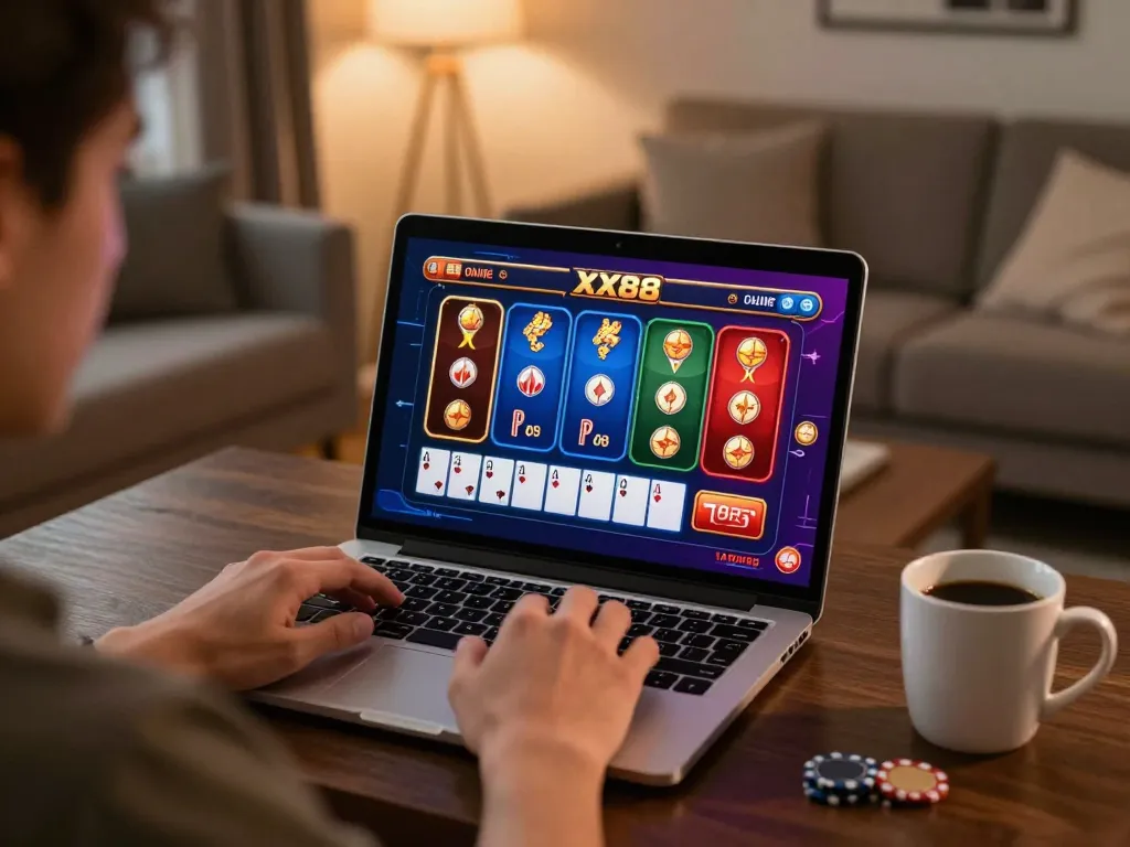 Player enjoying online gambling at XX88 with laptop in cozy home setting.
