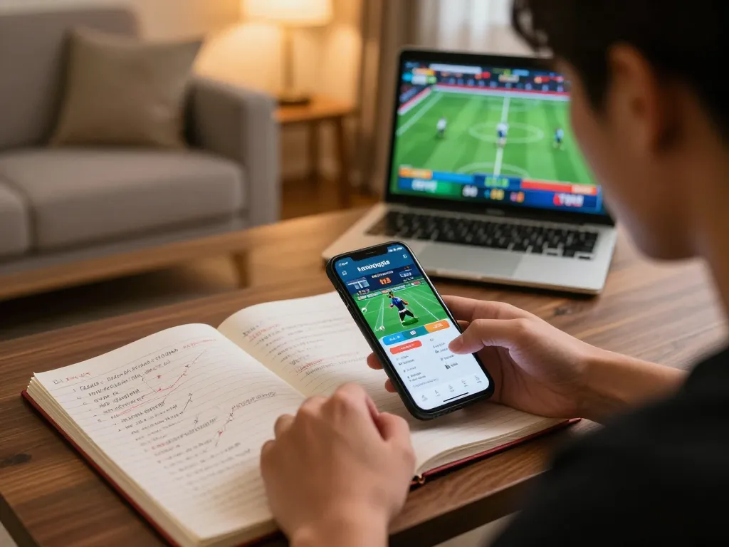 Engaged user actively using keobongda app for sports betting in cozy home environment