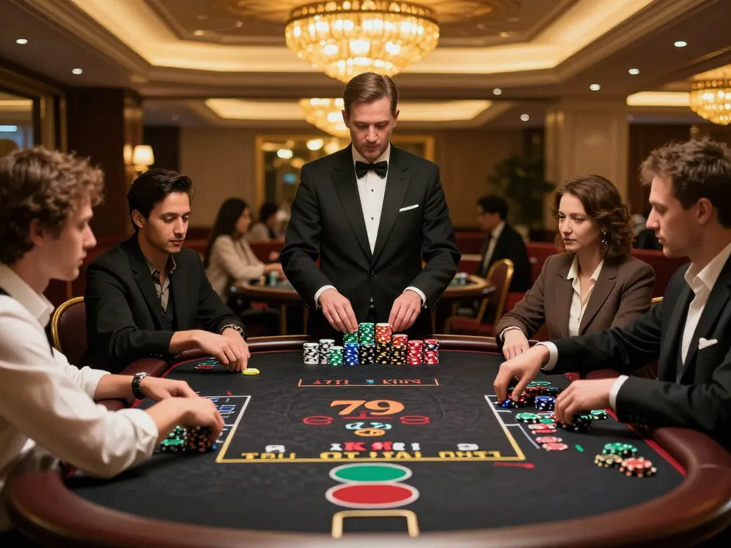Players enjoying blackjack at a lively casino table, showcasing the excitement of the Thương hiệu 79king.