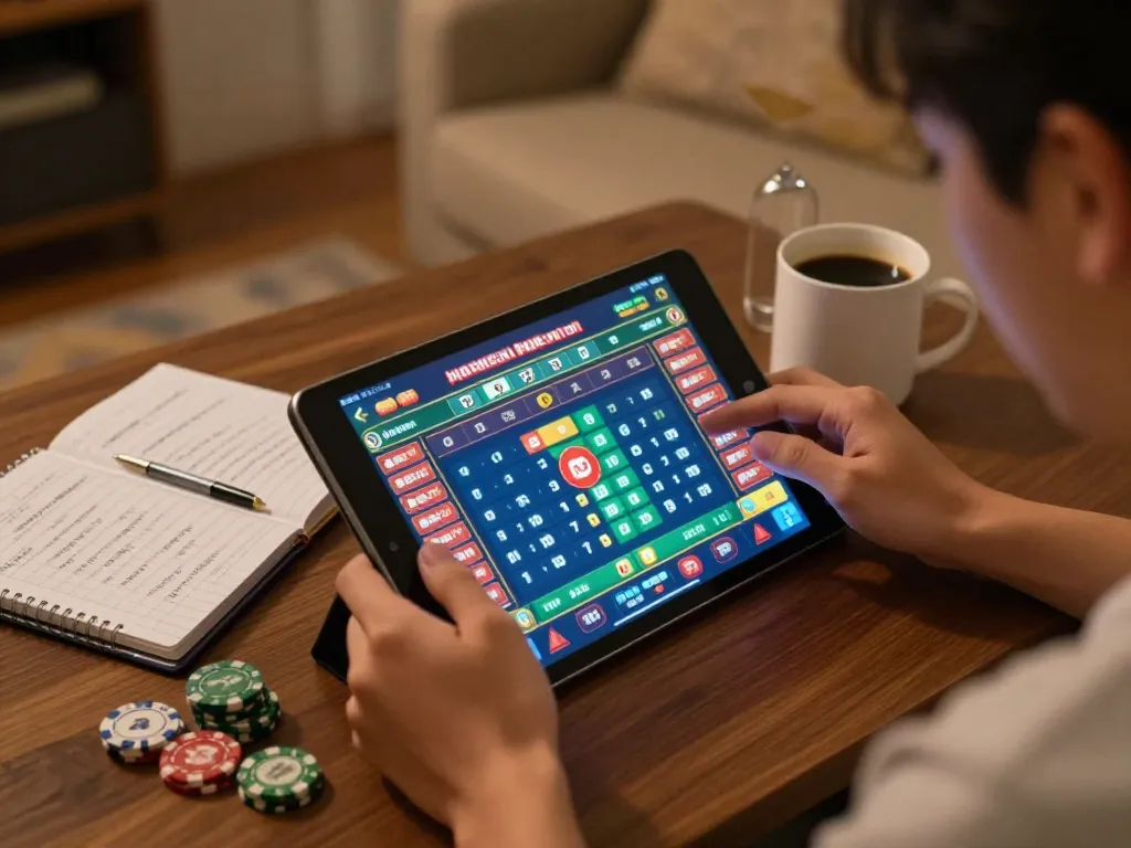 Engaged player using tablet for Hongkong Pools betting strategy at home with organized notes.