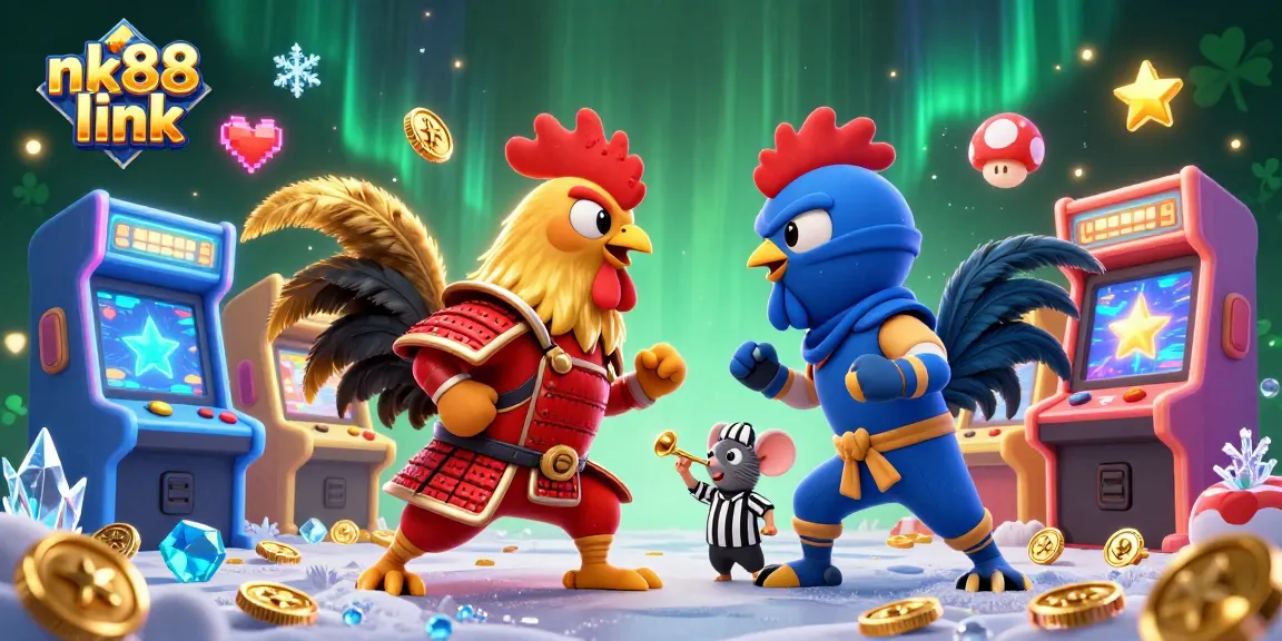 Immerse in the excitement of nk88 link with a dynamic showdown of cartoon roosters in an arcade-style casino scene.