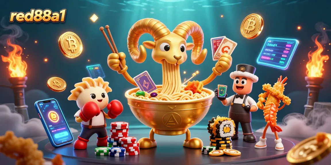 Engage with red88a1's dynamic gambling scene featuring vibrant 3D characters and crypto elements.