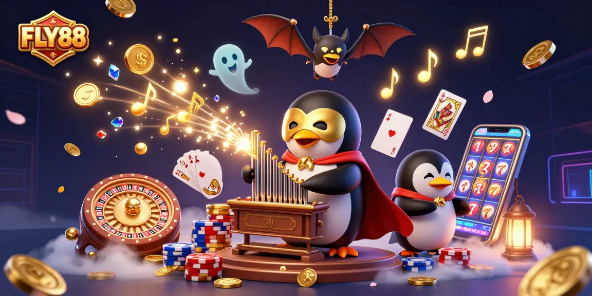 FLY88 showcases a whimsical casino scene with a phantom opera penguin and acrobats, celebrating wins amidst cascading coins.