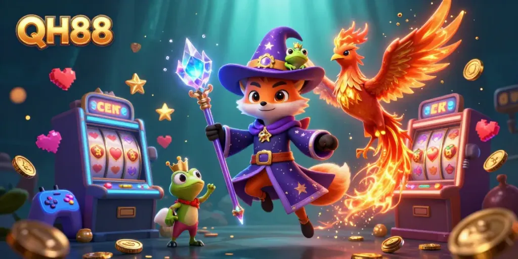 Experience QH88 in a dynamic 3D scene featuring vibrant slot machines and magical characters.