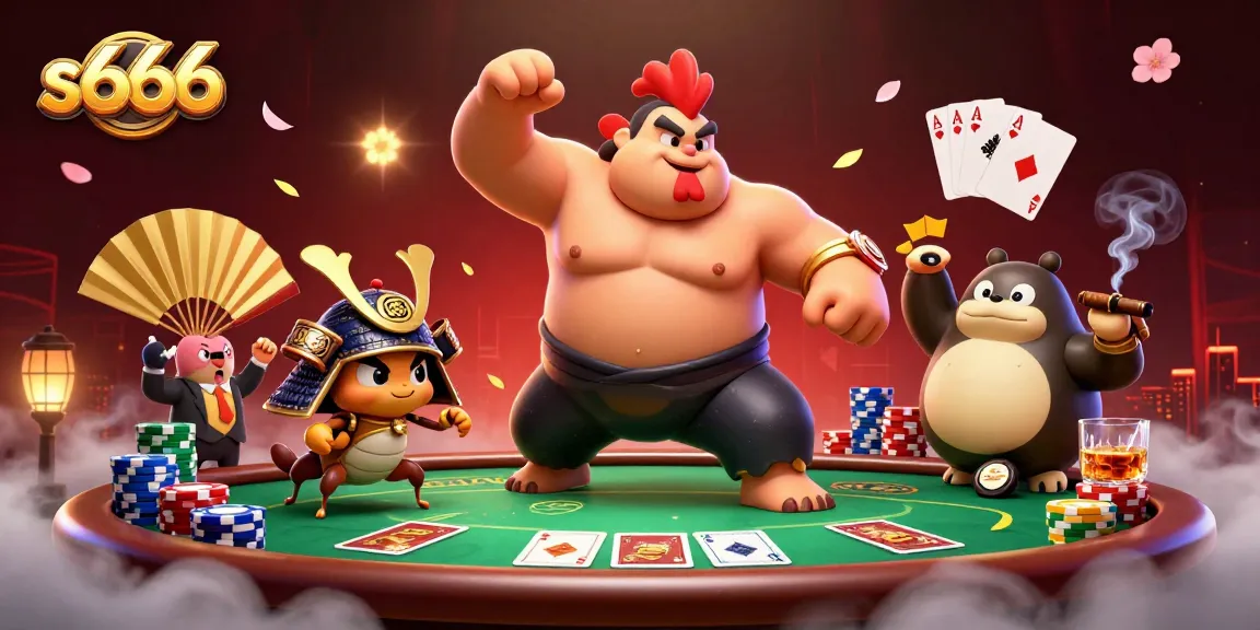 Bet on s666 and visualize an exciting showdown between a sumo wrestler and samurai cricket at a vibrant poker table.