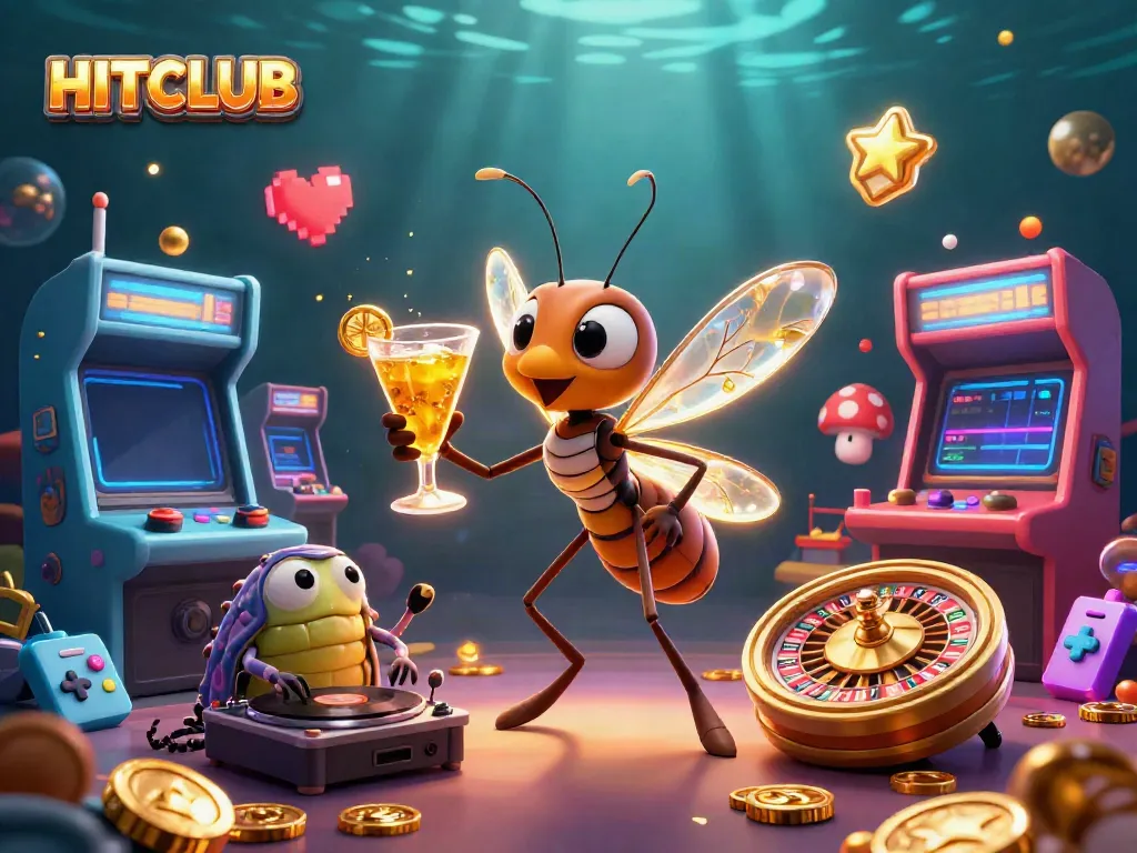 Experience the thrill of HITCLUB with our mascot, as vibrant casino elements surround lively characters in action.