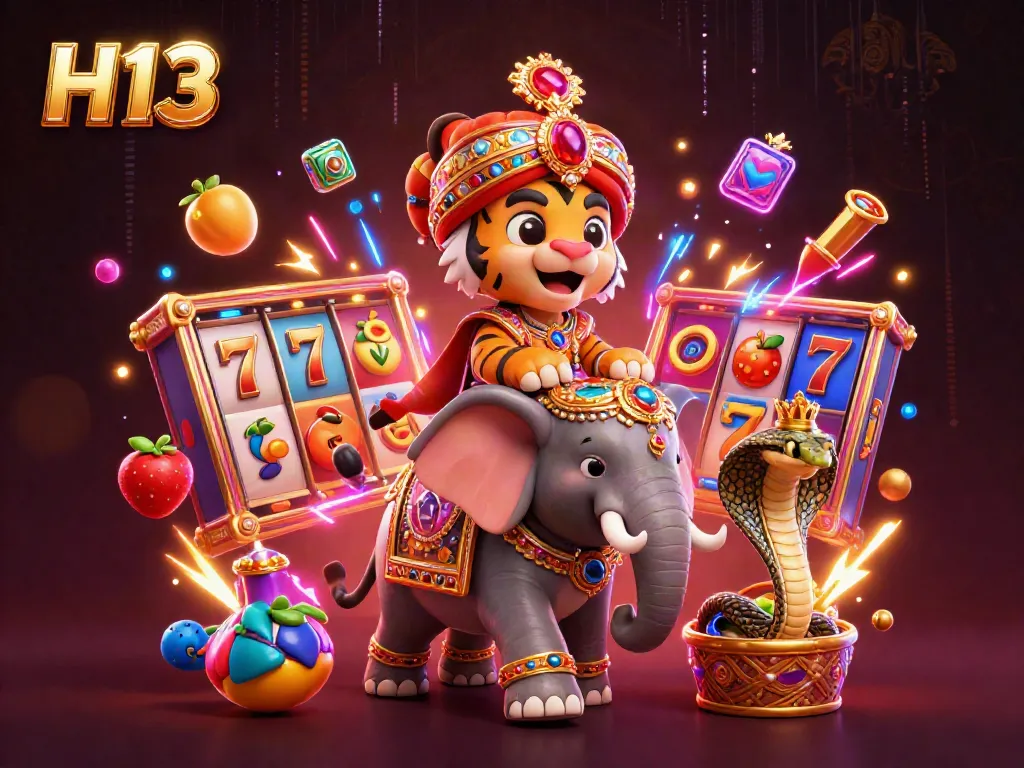 Experience thrilling jackpots with H13's vibrant casino scene featuring an adventurous tiger.