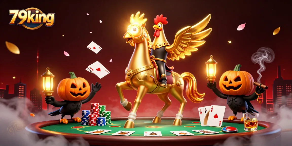 Experience the excitement of 79king in this vibrant casino scene with a golden rooster and poker elements.
