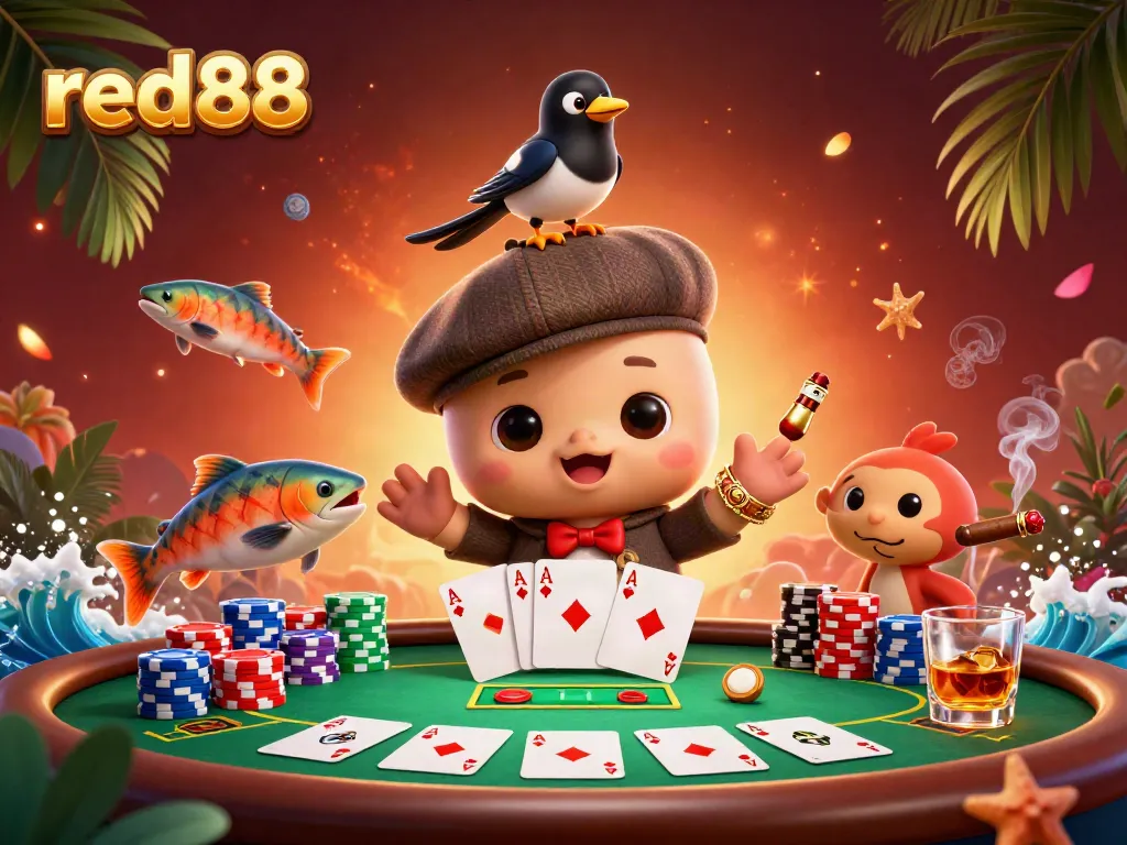 Engage in thrilling gameplay at red88 with a playful cartoon skit of Nessie and friends at a vibrant poker table.