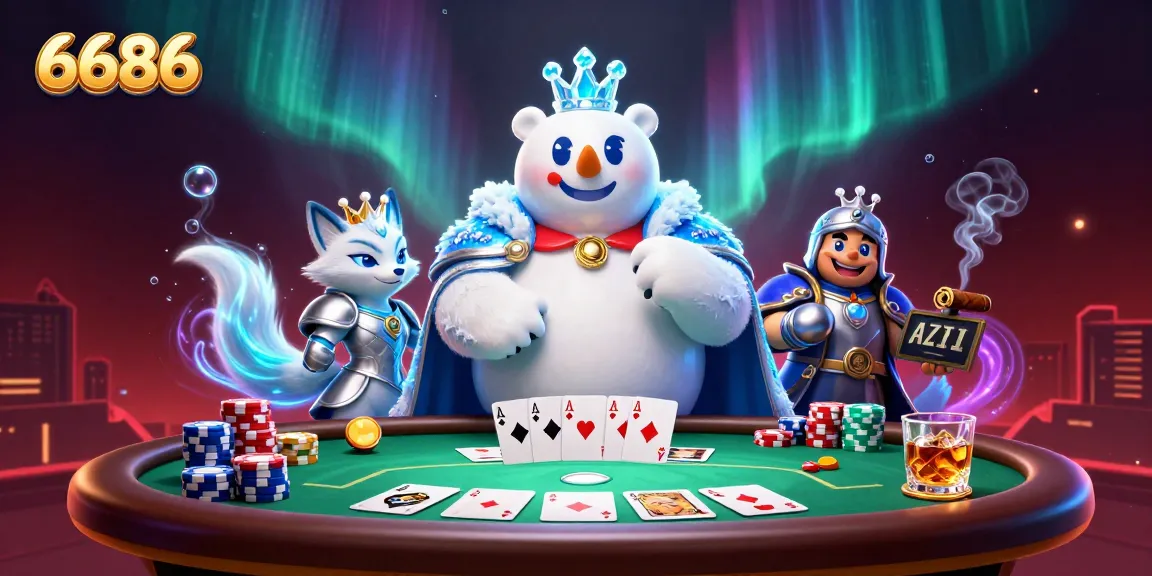 Experience high-stakes poker action with 6686, featuring a royal polar bear and snow fox amidst vibrant casino elements.