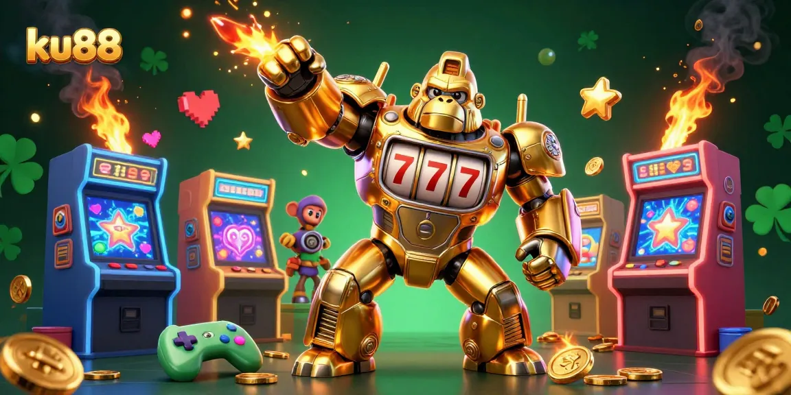 Engage with ku88's thrilling casino adventures featuring a golden gorilla mech and 3D game elements.