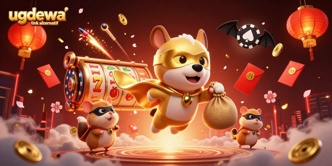 Engage with the ugdewa link alternatif in this vibrant 3D casino-themed illustration featuring heroes and gaming elements.