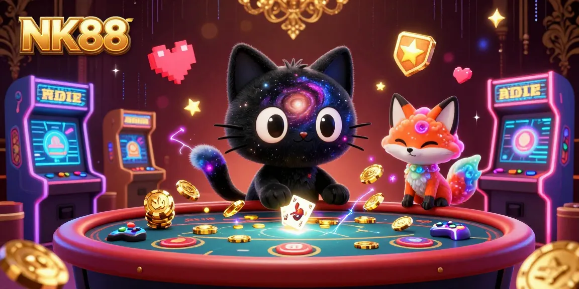 Experience the excitement of NK88 with a cosmic cat and fox at a vibrant casino table filled with gaming elements.