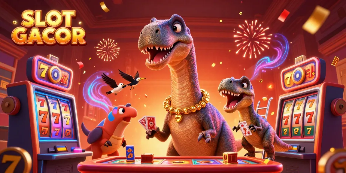 SLOT GACOR features an engaging scene with a giant dinosaur exploring vibrant slot machine winnings and festive decorations.