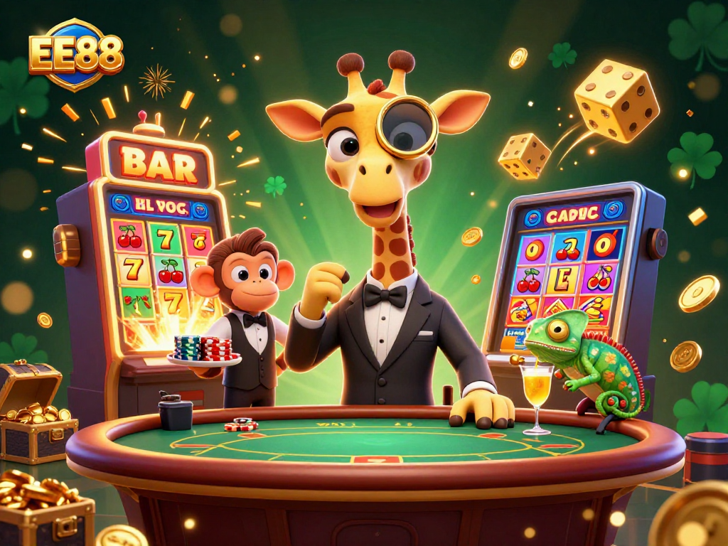 Experience the excitement of EE88 with high-rolling action from a giraffe at a poker table surrounded by vibrant casino elements.