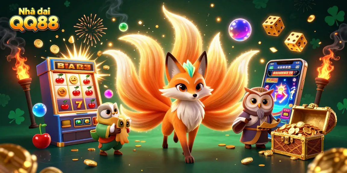 Engage with Nhà cái QQ88 in a vibrant 3D casino scene featuring slot jackpots and more.