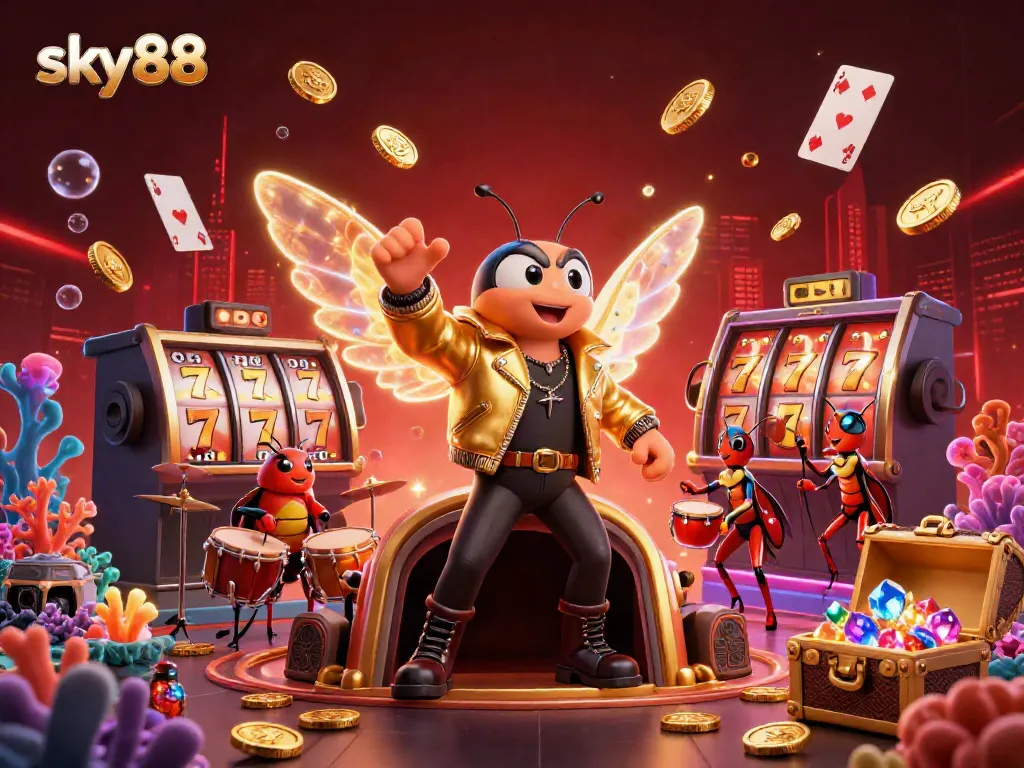 Experience the thrill of sky88 as a cicada rock star performs in a vibrant casino environment with golden coins and slot reels.