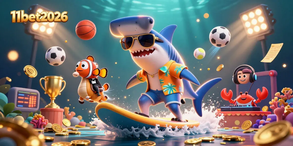 Join the excitement with 11bet2026 as a shark surfs on gold coins amidst sports betting elements.