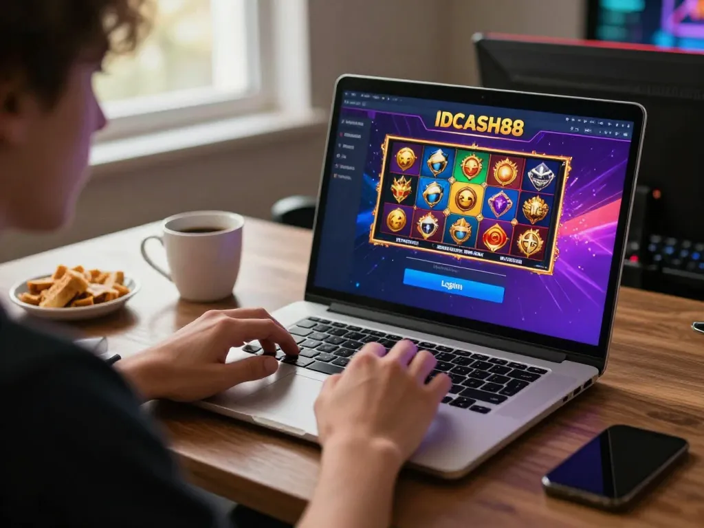 IDCASH88 Login focused player engaging with online slot games on their laptop in a cozy setting.