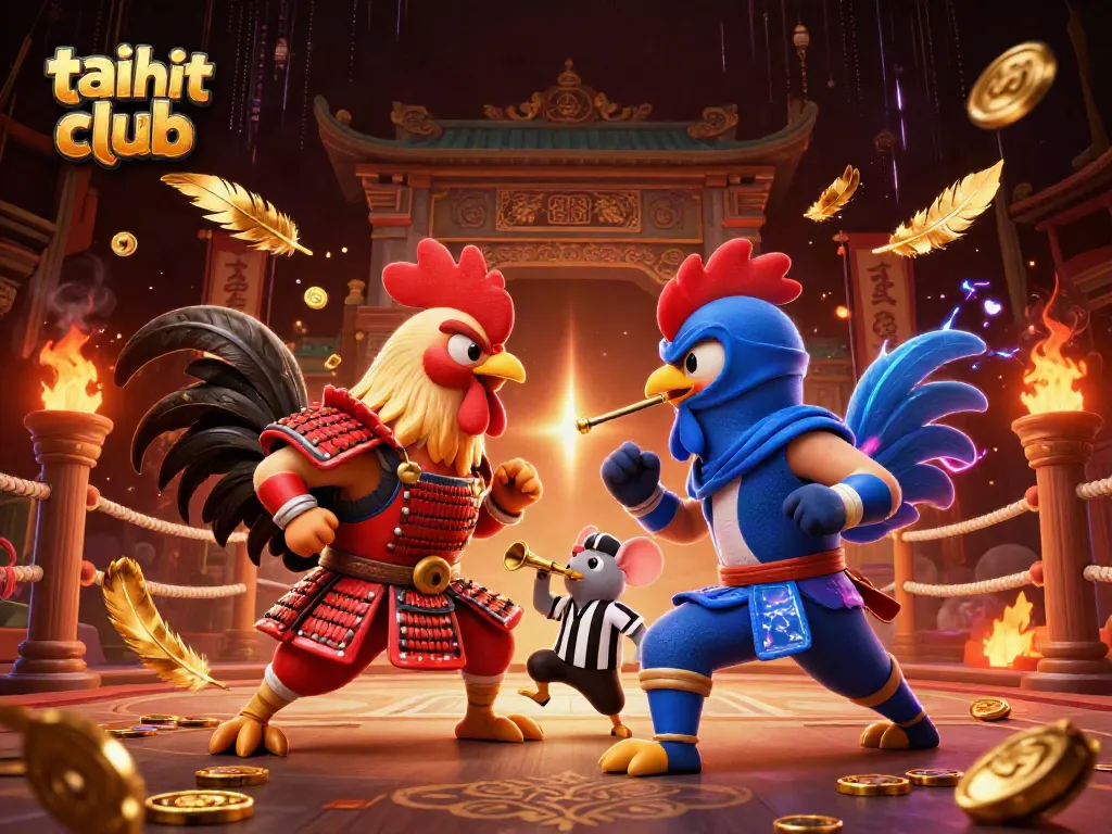 Experience the thrill of tai hit club with twin roosters battling in a colorful gambling scene.