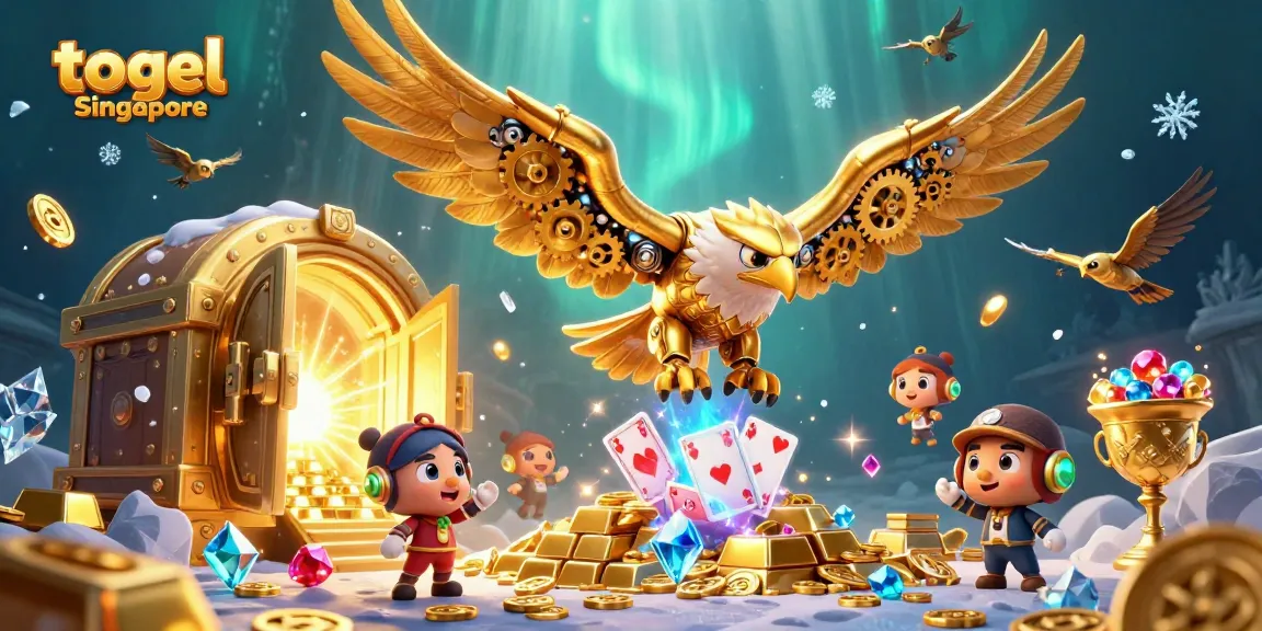 Experience thrilling togel Singapore gameplay with a cybernetic eagle amidst shimmering casino treasures.