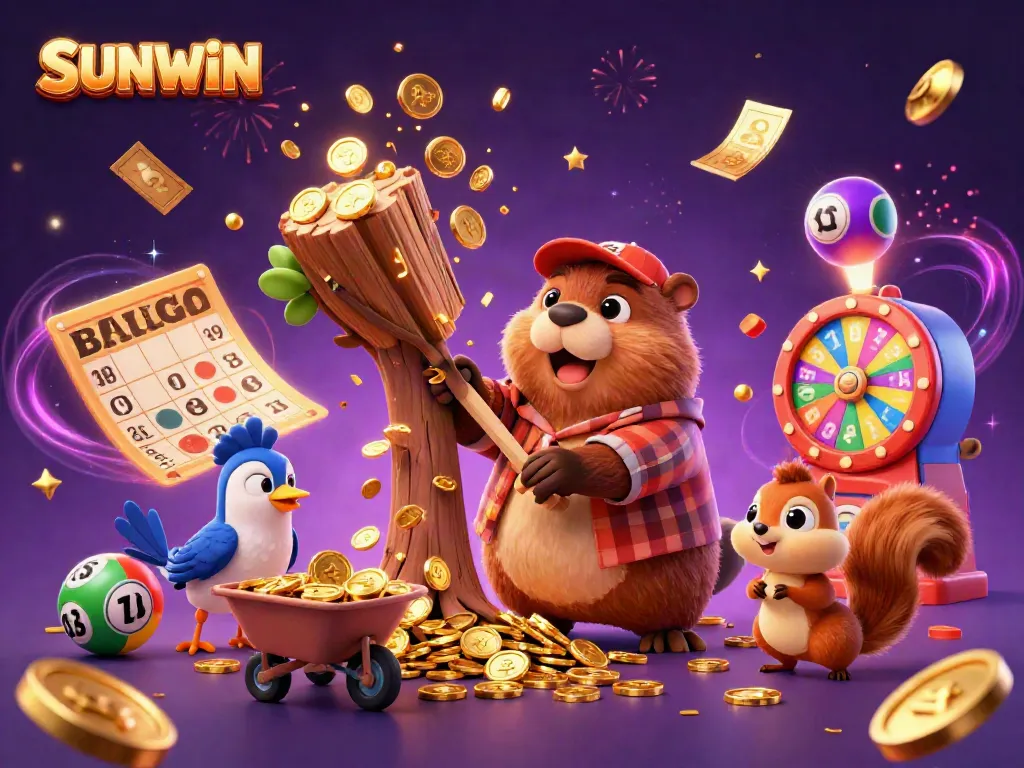 SUNWIN's vibrant gaming scene with cartoon characters collecting golden coins and lottery elements, creating excitement.