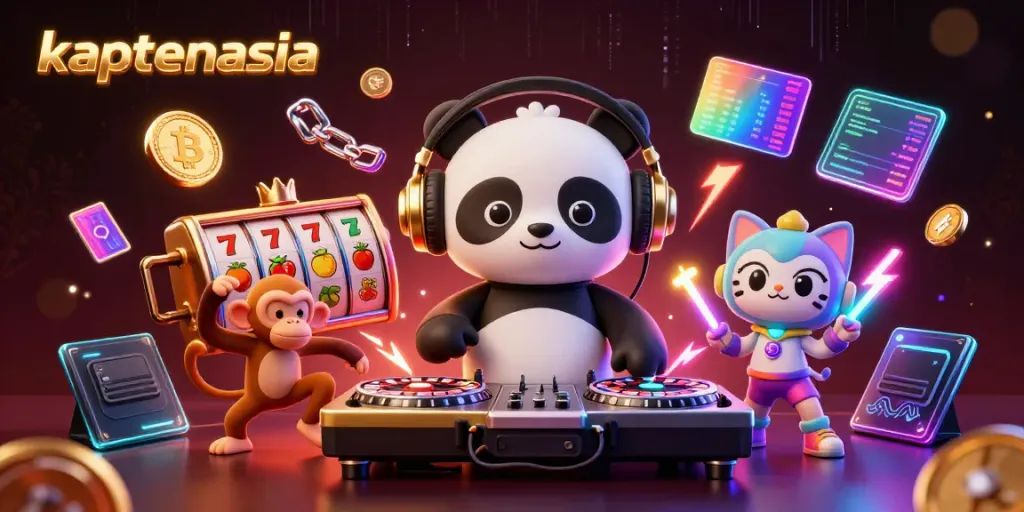 Ilustrasi 3D kartun Kaptenasia dengan panda DJ, monyet breakdance, dan kucing rave di kasino.