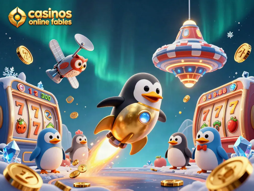 Descubre los casinos online fiables en una ilustración dinámica de un pingüino dorado viajando por el espacio.