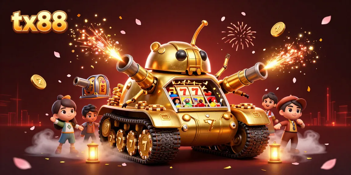 Experience the thrill of tx88 with a vibrant 3D cartoon casino scene featuring golden beetle tank and slot reels.