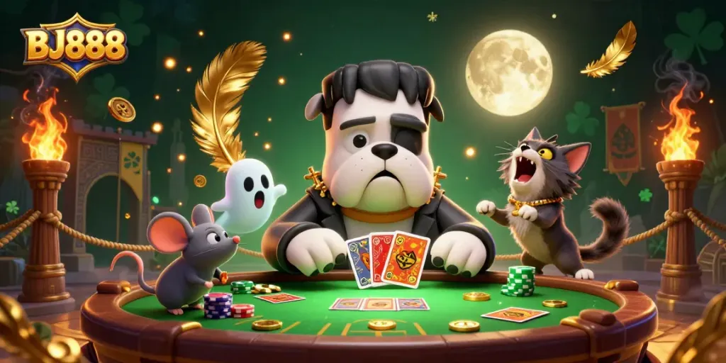 BJ888 showcases an engaging 3D scene with a Frankenstein bulldog dealer and vibrant casino elements.
