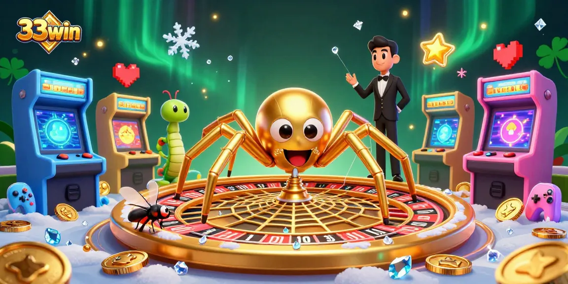 Engage with 33win's exciting animated casino gaming scene featuring a golden spider spinning a roulette wheel.